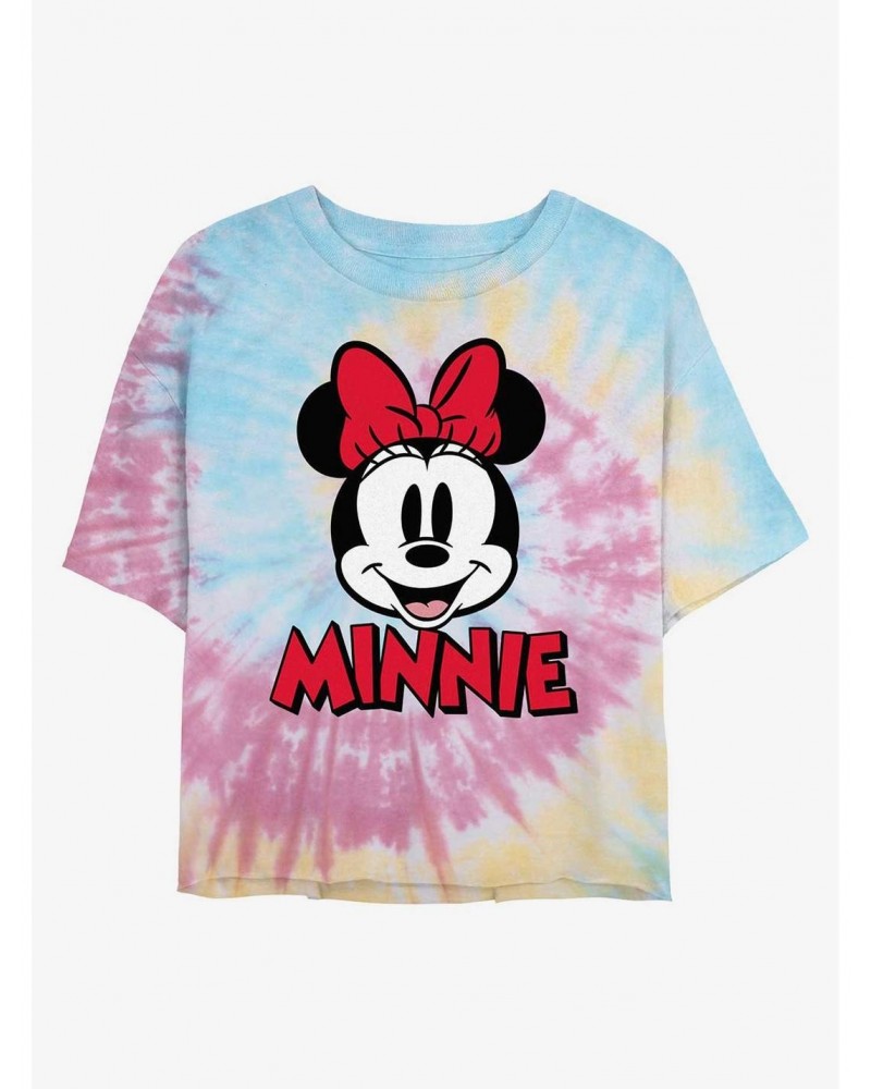 Disney Minnie Mouse Big Face Minnie Tie Dye Crop Girls T-Shirt $9.47 T-Shirts