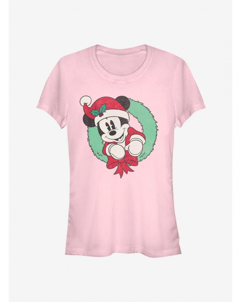 Disney Mickey Mouse Vintage Christmas Wreath Classic Girls T-Shirt $9.36 T-Shirts